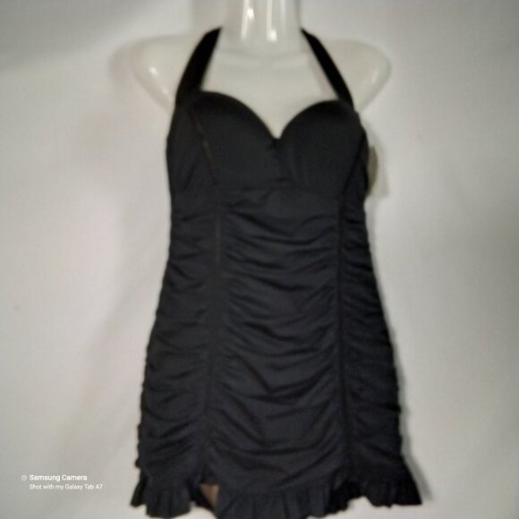 Modest Black 1 Pc. Jantzen Swim Dress Sweetheart Halter Tie Ruched Sz. 10 NWT - Picture 7 of 7